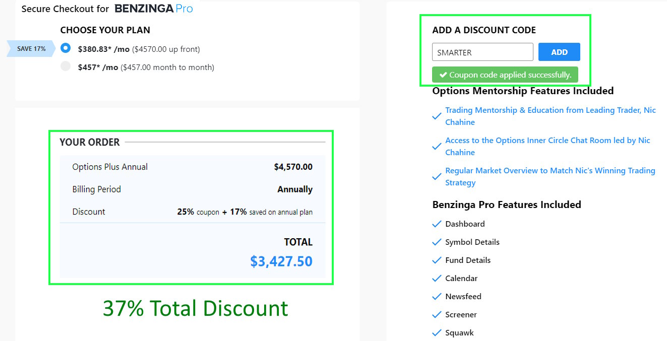 Benzinga Options Mentorship Web Page With Discount Applied