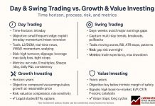 Day & Swing Trading vs. Growth & Value Investing Explained Value vs. Growth vs. Day Trading Explainer Diagram