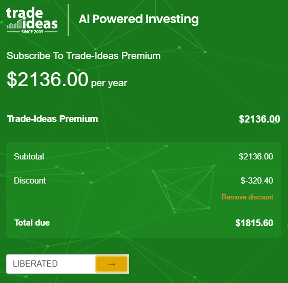 Trade Ideas Discount: How to Add Code "LIBERATED" to Get an Additional 15% Discount on Annual Plans