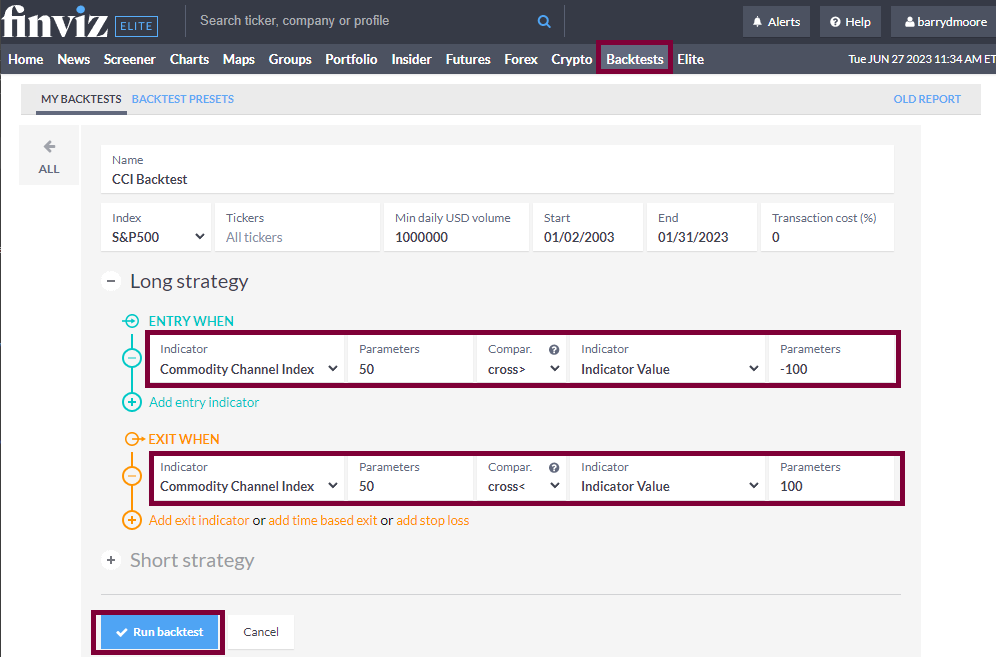 How to set up a CCI indicator backtest in Finviz Elite